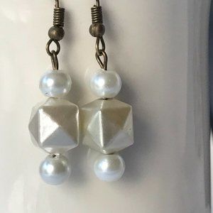 Vintage White Pearl Bead Earrings MCM Upcycled 60's Geometric Beads Bronze Tone